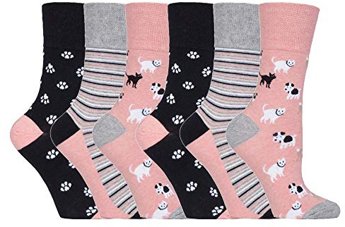 Gentle Grip - 6 paires Femme sans élastique diabétiques chaussettes pas de caoutchouc non comprimantes 37-42 eur (GG169 Dogs/Cats)
