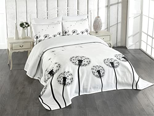 ABAKUHAUS Löwenzahn Tagesdecke Set, Faded Blowball Pflanze, Set mit Kissenbezügen Waschbar, für Doppelbetten 264 x 220 cm, Creme Schwarz