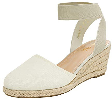 DREAM PAIRS Women's Elastic Ankle Strap Espadrilles Wedge Sandals,Size 8.5,Beige/White,AMANDA-1