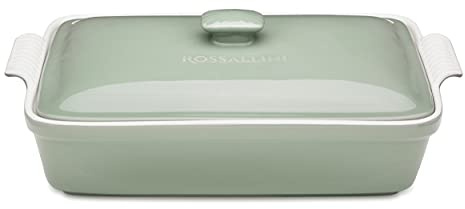 ROSSALLINI Stoneware Casserole Dish Bakeware Set with Lid, Covered Rectangular Dinnerware, Extra Large 4.23 Quart, 13 by 9 Inch, Verde Salvia [Sage Green]