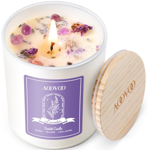 AOOVOO Lavender Scented Candles for Women - Aromatherapy Candle with Crystals Inside, 10oz Soy Candles for Home Scented, Birthday Gifts Mothers Day Candle for Women Mom