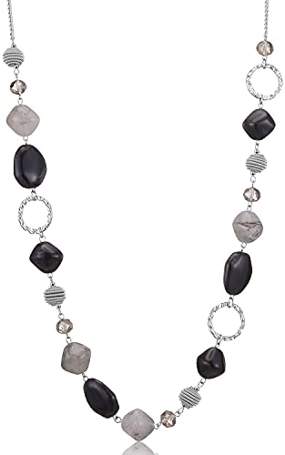 Bulinlin Silber Perplen Lang Kette für Damen Boho Statement Chain Halskette Modeschmuck Geburtstagsgeschenke für Frauen（Black and grey）