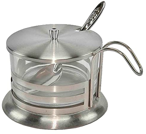 Tradineur Sucrier avec anse, en verre et métal, idéal pour le petit déjeuner du matin, modèle assorti, 8 x 10,5 cm