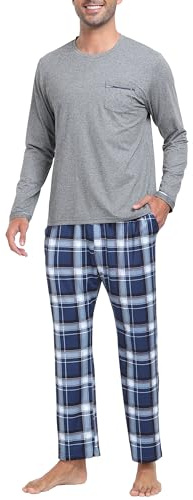 MoFiz Pijamas Largo Hombre Invierno Suave Cálido Ropa de Dormir Conjunto de Pijama Manga Larga Camiseta y Pantalón de Pijama a Cuadros con Bolsillos Gris EU XL