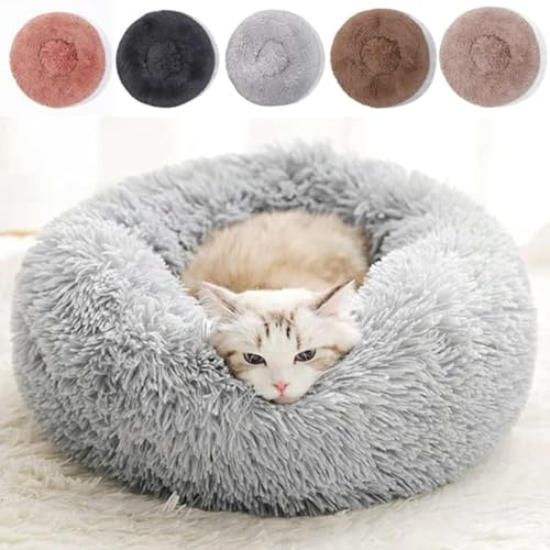 Fluffy Calming Cat Beds for Indoor Cats - Washable Round Dog Beds for Small Medium Dogs, Anti Anxiety Plush Faux Fur Pet Bed