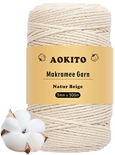 AOKITO Hilo de Macramé de Algodón 3mmx300m | Cuerda de Algodón Gruesa para Manualidades, Plantas Colgantes y Decoración Bohemia | 100% Natural y Biodegradable | Colgante de Flores
