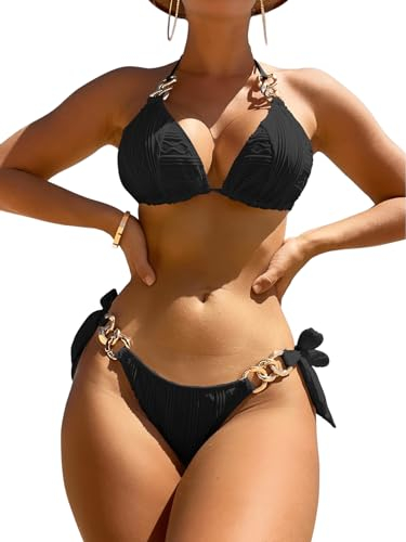 GORGLITTER Bikini Damen Mit Ketten Neckholder Bikini Set Triangel Bikini Push Up Zweiteiliger Badeanzug Bademode Strandmode Schwarz L