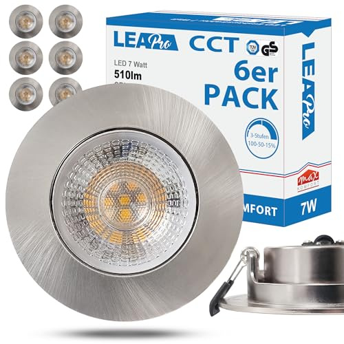 max K O M F O R T 6er SET LED Einbaustrahler LEA-Pro 7W, ultra flach, Warmweiß, Neutralweiß, Kaltweiß, 3-Stufen Dimmbar, IP20, 230V, Einbauspot - Eisen gebürstet
