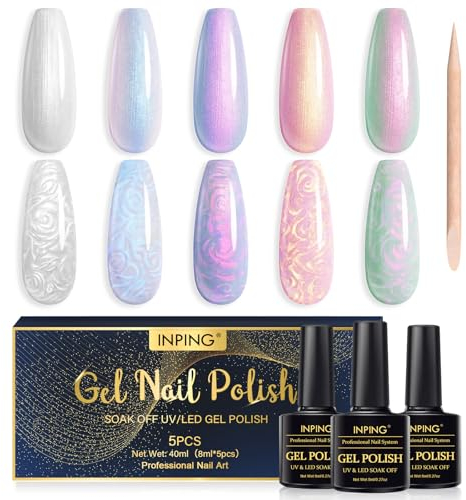 INPING Gel UV Nagellack Pearl Effect, Rosa Weiß Grün Perleffekt Gel Mit Stick, Selbstgemachter UV Nagellack mit Muschel Effekt für Anfänger Nagelsalon DIY Home Use, 8ML