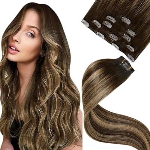 LaaVoo Clip in Extensions Echthaar Balayage Braun Echthaar Extensions Clip in Remy Menschenhaar Dunkelbraun Ombre Erdbeerblond Haarverlängerung Echthaar Extensions Clips 50cm 80g/5pcs #4/27/4