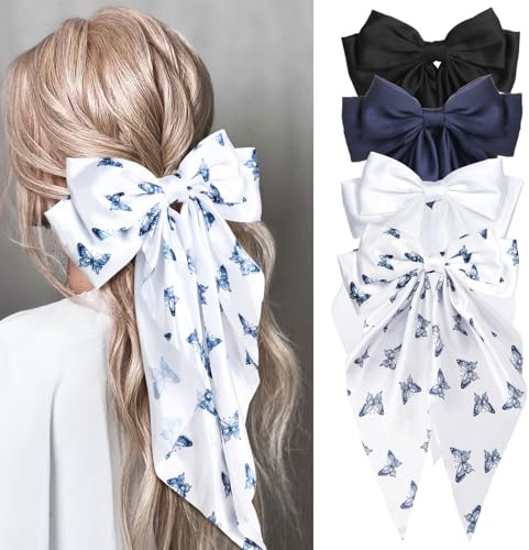MIKONIKO Silky Satin Hair Bows for Women Girls - 4PCS Ribbon Bows for Hair, Big Bow Hair Clips with Long Tail, Barrettes - Cute Hair Accessories Gifts (Black, Navy, Butterfly, White)