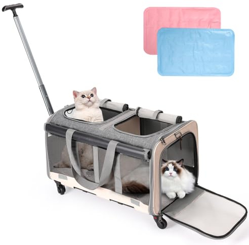 Double Compartments Rolling Cat Carrier with Wheels,Breathable for 2 Cats