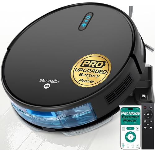 SereneLife Robottino Aspira e Lava Pavimenti, Robot Aspirapolvere, Controllo App, 4 Modalità, Sensori Anti-Caduta, Auto-Ricarica, Per Tappeti e Pavimenti Duri, Nero