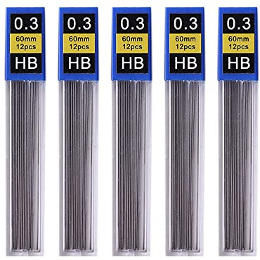 Lot de 5 mines de rechange automatiques pour porte-mines 0,3 mm, 0,5 mm, 0,7 mm, 0,9 mm, recharges de crayon HB pour accessoires de papeterie (0,3 mm)
