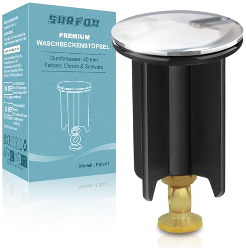 SURFOU Bouchon Lavabo Universel 40mm, Bouchon Évier en Laiton Chromé, Couvercle Lavabo, Bouchon Réglable en Hauteur, Bonde de Baignoire Antirouille et Étanche, Contre Les Mauvaises Odeurs, Noir