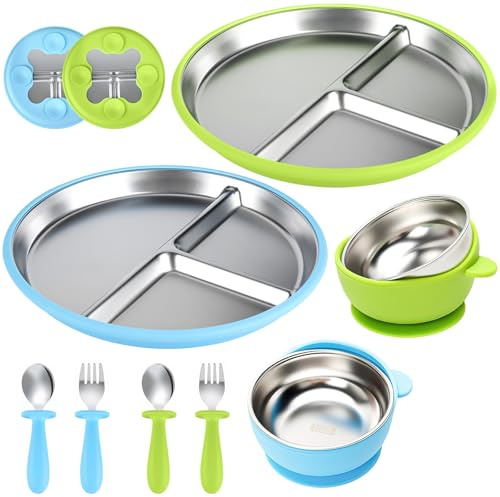comeder 8 Pack Stainless Steel Baby Feeding Set with Suction, 2 Toddler Bowl & 2 Divided Plate & 2 Spoons and Forks Set for Baby Led Weaning Supplies, Unbreakable & Dishwasher Safe