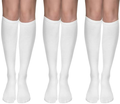 Piriuuo 3 Pair Knee High Socks for Woman, Cotton School Socks White Thigh High Sock Long Tall Tube Sock Baseball Softball Sock Long Length Uniform Stockings for Children