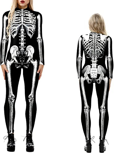 NEWUPZSI Combinaison intégrale à motif squelette pour Halloween pour femme - Bodysuit à manches longues avec crâne et squelette - Costume de cosplay pour carnaval et fêtes à thème