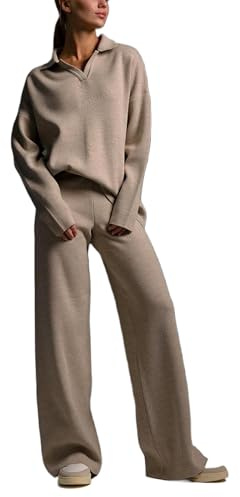AlkYutd Women's 2 Pieces Knitted Tracksuit V-Neck Pullover Tops and Wide-Leg Pants Set khaki-S