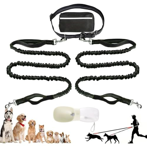 Guinzaglio da jogging per 2 cani – Guinzaglio per cani a mani libere con cintura addominale, regolabile con doppio manico, cuciture riflettenti, guinzaglio da jogging per cani di taglia media e grande