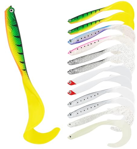 HOTUT Soft Fishing Lures Kit, 12 Easy Catch Pre-Rigged Soft Lures Swimbait, Unique Vibrating Swim Action and Trembly Sinking Move, Curly Tail Perch Imitation Bait for Pike Freshwater Trout Bass Salmon