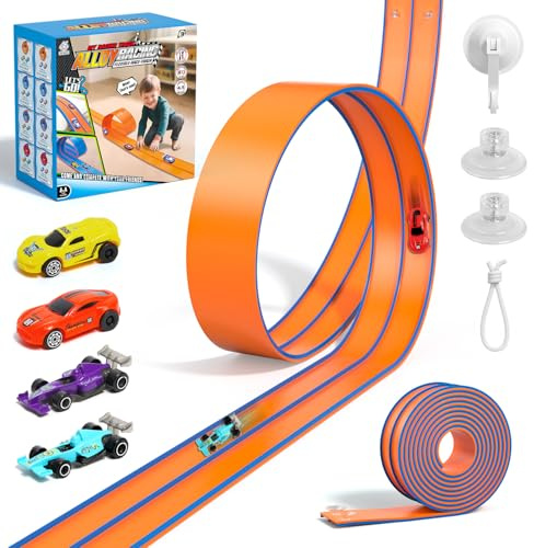 Flex Tracks 15 fot flexibel racerbilbana för barn med 2 sugkoppar, racerbil rampbana kompatibel med formgjuten 1/64:e bilar, födelsedagspresenter för pojkar flickor i åldrarna 3+