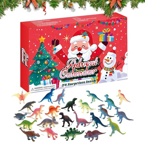 Jul dinosaurie nedräkningskalender, samlarobjekt för vintersemesterperioden | 24-dagliga dinosauriefigurer adventskalender – för barn från 3 år och flickor för spiselkransen
