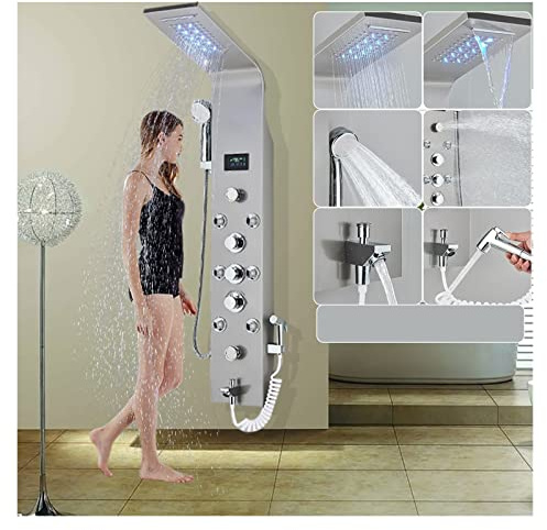 Svart LED-duschpanel Sex funktioner Vattenfall duschpanel Badrumskran Badrum SPA Massage Jet Badkar Mixer Massagespruta(8009 Brushed Niclel)