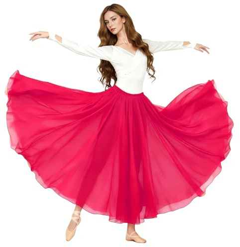 Baisdan Donna Gonna in Chiffon per Danza del Ventre, Gonne Flamenco a Cerchio Completo per Costumi di Halloween, Carnevale Spettacoli, Rosa Rosso, Taglia Unica
