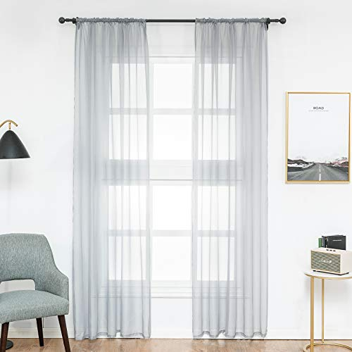 WOLTU Vorhänge mit Kräuselband Stores Gardinen Grau kurz transparent 140x245cm (BxH), 2er Set Gardinen Fensterschals Voile für Wohnzimmer Schlafzimmer Kinderzimmer