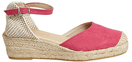 Kilformade espadriller för kvinnor med 5 cm klack, naturliga jutehantverkssandaler och andningsbar canvas, skor tillverkade i Spanien med justerbart spänne och halkfri sula, fuchsia, 40 EU