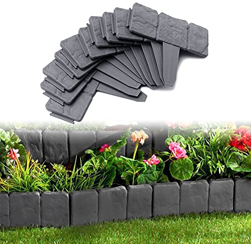 UISEBRT 60Pcs Rasenkante Kunstoff 15m Beeteinfassung Steinoptik Palisade Beetumrandung Mähkante Gartenzaun für Garten Border Blumenbeet, LxH 25x23cm, Anthrazit