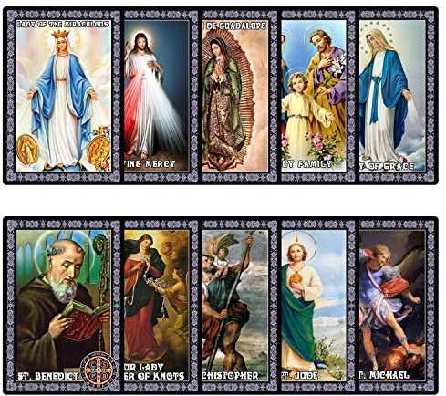 Catholic Saints Set of 10 Holy Prayer Cards, Catholic Religious Gifts for Women, Men, Mother, Father, Godfather, Godmother Gifts from Godson Goddaughter