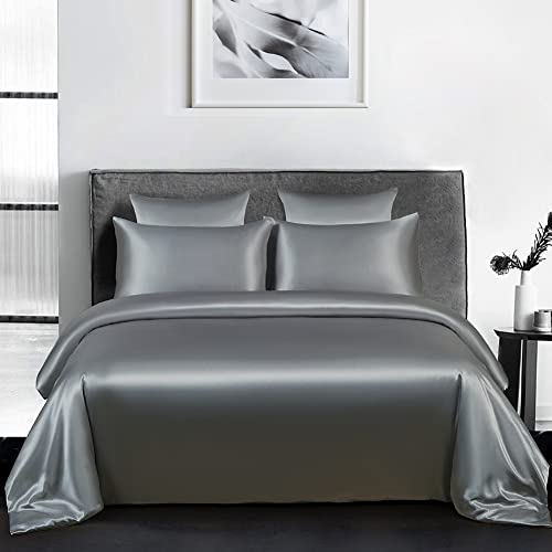 AShanlan Satin Bettwäsche 140x200 Grau Glänzend Bettwäsche-Sets Glatt Angenehm Glanzsatin Seiden Bettbezug 140 x 200 + Kissenbezug 70x90 cm mit Reißverschluss
