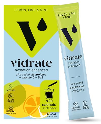 Vidrate Electrolytes Powder - Hydration Sachets Packed with Vitamins - Zero Sugar Rehydration Sachet No Artificial Sweeteners & Preservatives - Lemon Lime & Mint Large Pack, 20 Electrolytes Sachets