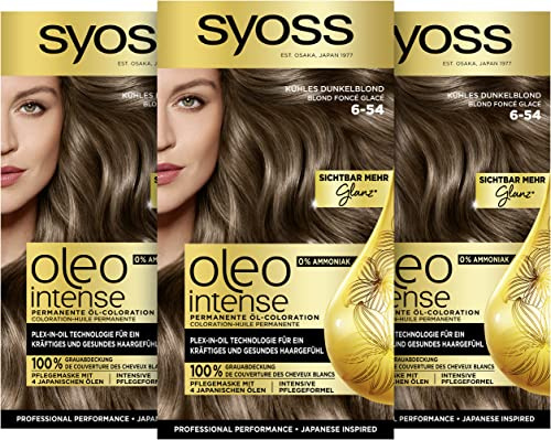 Syoss Oleo Intense Öl-Coloration 6-54 Kühles Dunkelblond Stufe 3 (115 ml), dauerhafte Haarfarbe mit pflegendem Öl, Coloration ohne Ammoniak