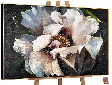 YS-Art Pittura acrilica su tela Pfingstrosen II Quadri letto fiori grandi verde scuro con oro con cornice 120x80 cm