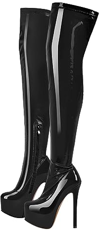 blingqueen Damen Plateau Stiefel Stretch Overknee Boots Stiletto Lack Schwarz 46 EU