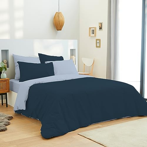 univers decor - Pack 6 pièces Bicolore réversible Housse de Couette 240 x 220 cm pour lit 140 x 190 cm 100% Coton / 57 Fils/cm² (Marine/Bleu Ciel, Pack Complet 6 pièces Bicolore lit 140 x 190 cm)