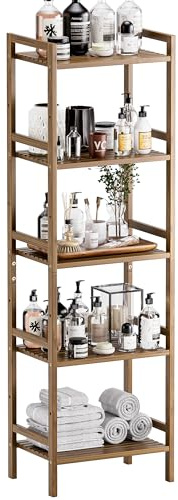 HITNET 5-Tier Tall Bookcase, Narrow Adjustable Bamboo Book Shelf for Small Spaces, Floor Standing Storage Organizer Rack for Home Office, Easy Assembly, Walnut