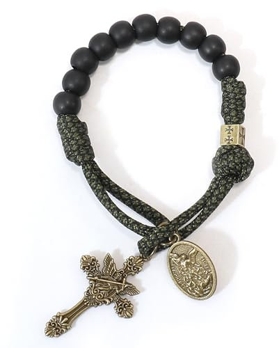Nazareth Store Rosenkranz-Armband, antikes Bronze, 1 Jahrzehnt, schwarze, matte Perlen, grüne Paracord-Rosenkranz-Armband, handgefertigt, katholisch, reisefreundlich, Gebet, S, Legierter Stahl, Kein