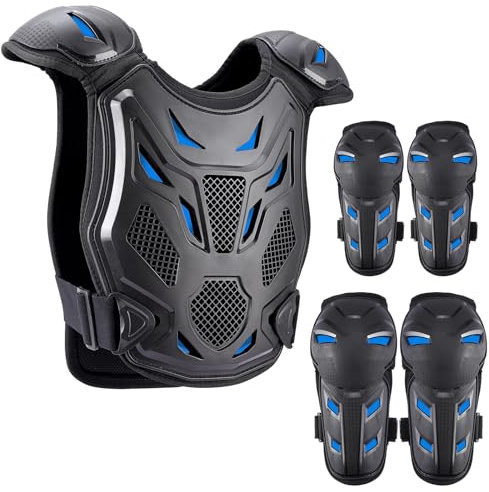 Pellor Upgraded Kids' Motorcycle Armor with Knee Pads Elbow Pads Chest Protector Racing Set of 5, Suit for Motocross Cycling Off-Road Bike Outdoor Sports Chest Protection Armor, Blue