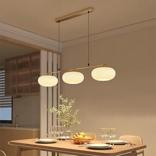 RuiRfh Restaurang Pendel Ljus retro E27 köksö lampa persimon form glas lampskärm kreativ matbordsbelysning justerbar guld medeltida linjär ljuskrona lämplig vardagsrum sovrum café(Gold)