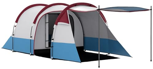 Outsunny Tenda da Campeggio a Tunnel per 3 Persone con 2 Stanze, Tenda Famigliare da Trekking Pesca con Camera da letto, Soggiorno, Telo di Fondo Cucito, Borsa di Trasporto, 420x200x150 cm, Rosso