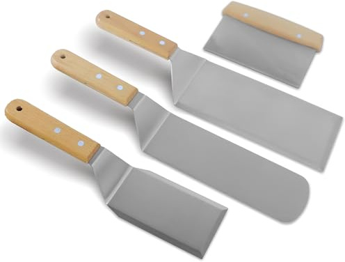 Panumly Stainless Steel Metal Spatula Set, 4 Pcs Teppaniyaki Griddle Accessories - Grill Burger Turner Long Pancake Flipper Griddle Scraper for Flat Top Cast Iron BBQ, Wooden Handle, Easy to Clean