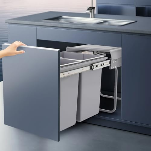 PromiseFly Système de tri sélectif, 40 l, 2 compartiments, extensible, pour cuisine, 49 x 35 x 43 cm, grise, pour meuble de cuisine, collecteur de déchets