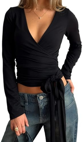 Edhomenn Women Y2K Solid Color Cross Wrap Tie Blouse Summer Casual Long Sleeve Deep V Neck Yoga Pilates Ballet Workout Tops (Black, M)