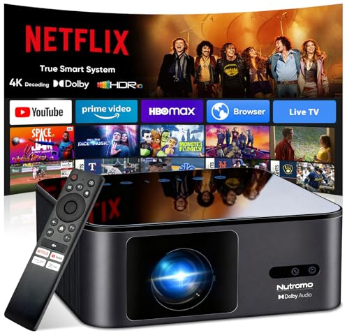 4K-projektor, kompatibel med Netflix | 2000 ANSI | AI Auto Focus | Linslock, smart filmprojektor utomhus med Wi-Fi och Bluetooth, 20 W Dolby-ljud, förseglad optisk motor