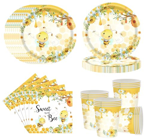 Set di 60 Stoviglie per Feste di Compleanno per Bambini, Set di Stoviglie per Compleanno a Tema Ape, Include Piatti, Bicchieri e Tovaglioli di Carta, Forniture per Feste per Bambini, 20 Persone