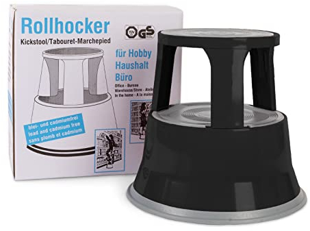 OfficeMarshal Taburete con ruedas y pie de elefante, con certificado TÜV y GS, acero, color negro